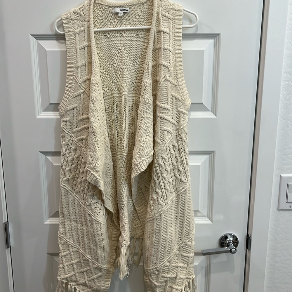 Sonoma Ladies winter white crochet with fringe long open flowy vest size L